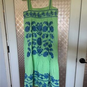 Green Dress with Blue Floral Embroidery